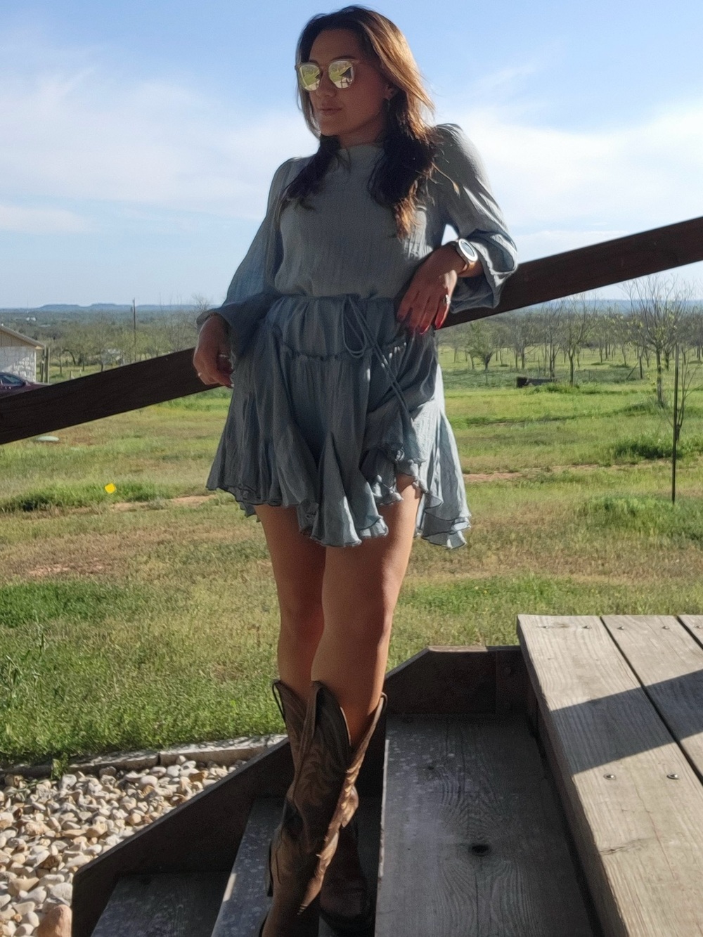 Light Blue Long-Sleeve Tiered Mini Dress